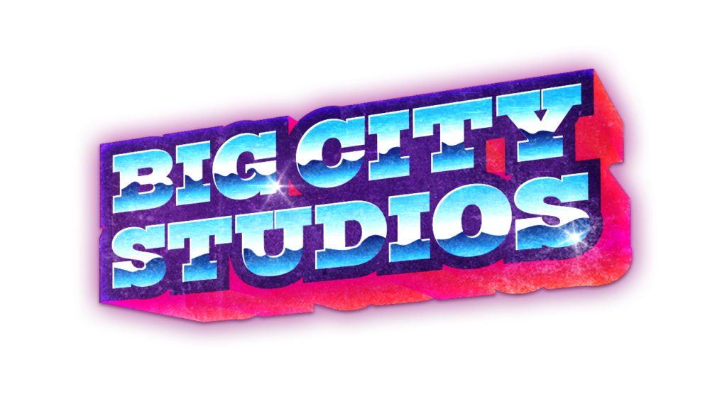 Big City Studios Logo. Bold serif font with blue and white gradient and bright pink shadow.