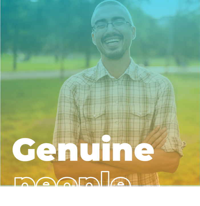 Man smiling, with word overlay Genuine People