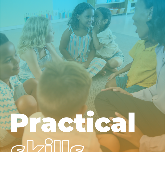 Woman in classroom with word overlay, Practical Skills