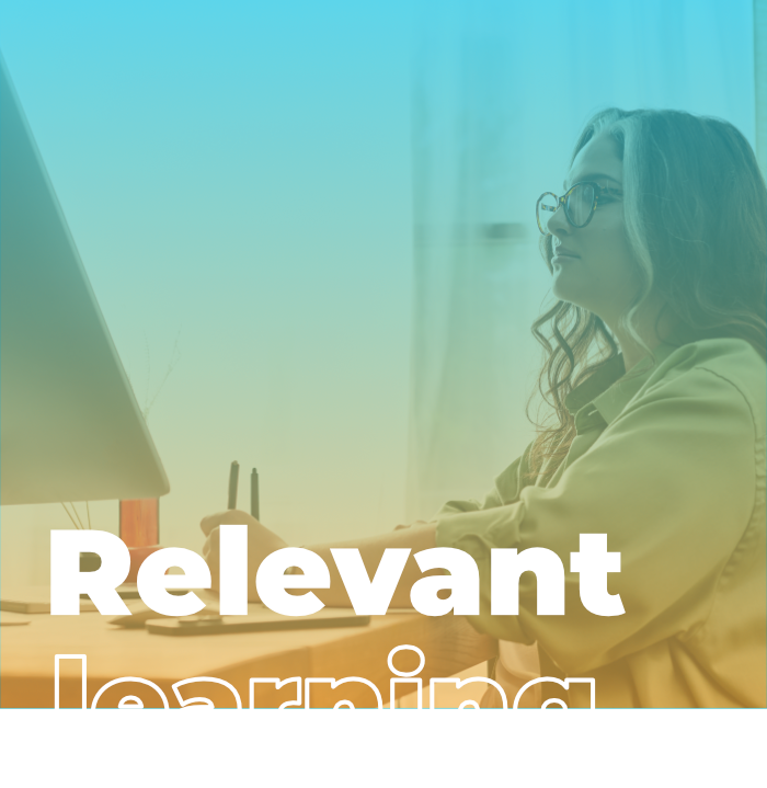 Woman learning at computer with word overlay, Relevant Learning.